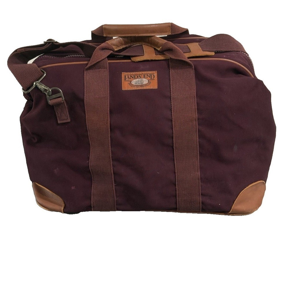 Lands End ‎ Bag Heavy Canvas Leather Duffle Deluxe Square Rigger Burgundy  USA